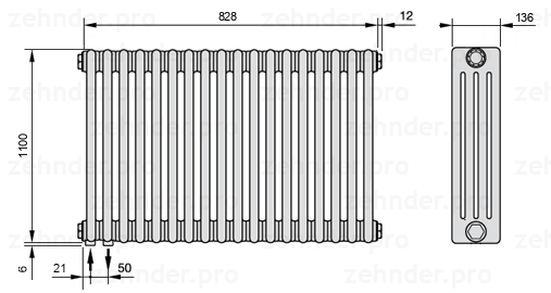 Схема (чертеж) Радиатор Zehnder Charleston 4110/18 №3370 Белый глянцевый RAL 9016